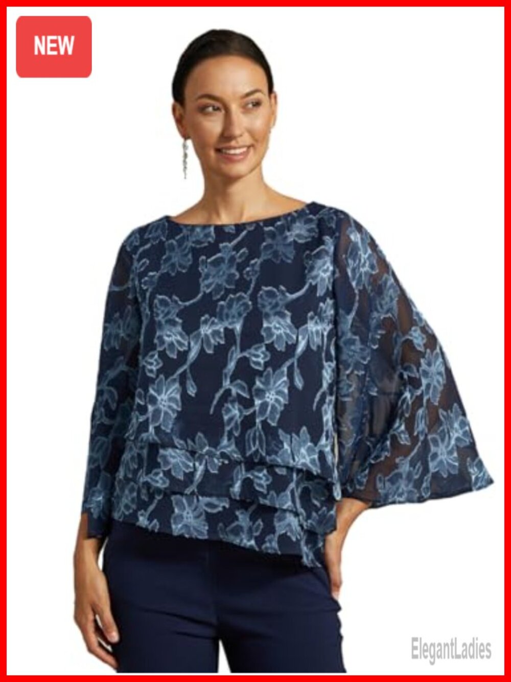 Womens Chiffon Blouse Floral Jacquard Bell Sleeve Dressy Casual Top